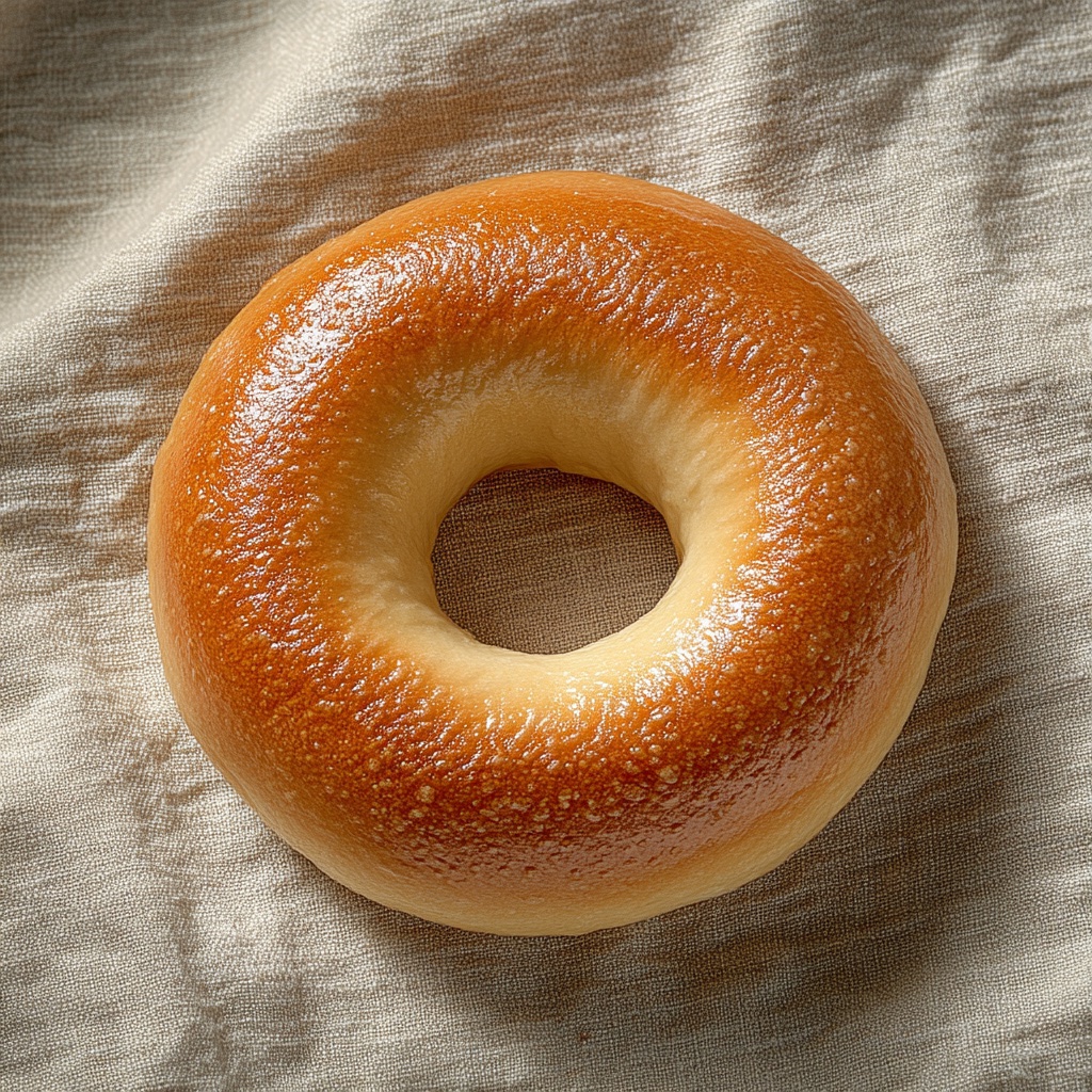 Bagel nature artisanal — croûte miroir dorée obtenue par pochage à l'eau, mie tirée, fabricant français