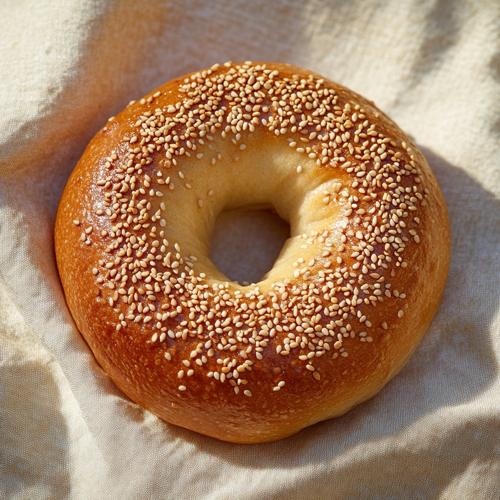 Bagel sésame artisanal Authentic Bagels — croûte miroir + graines de sésame blondes torréfiées, signature de notre catalogue B2B